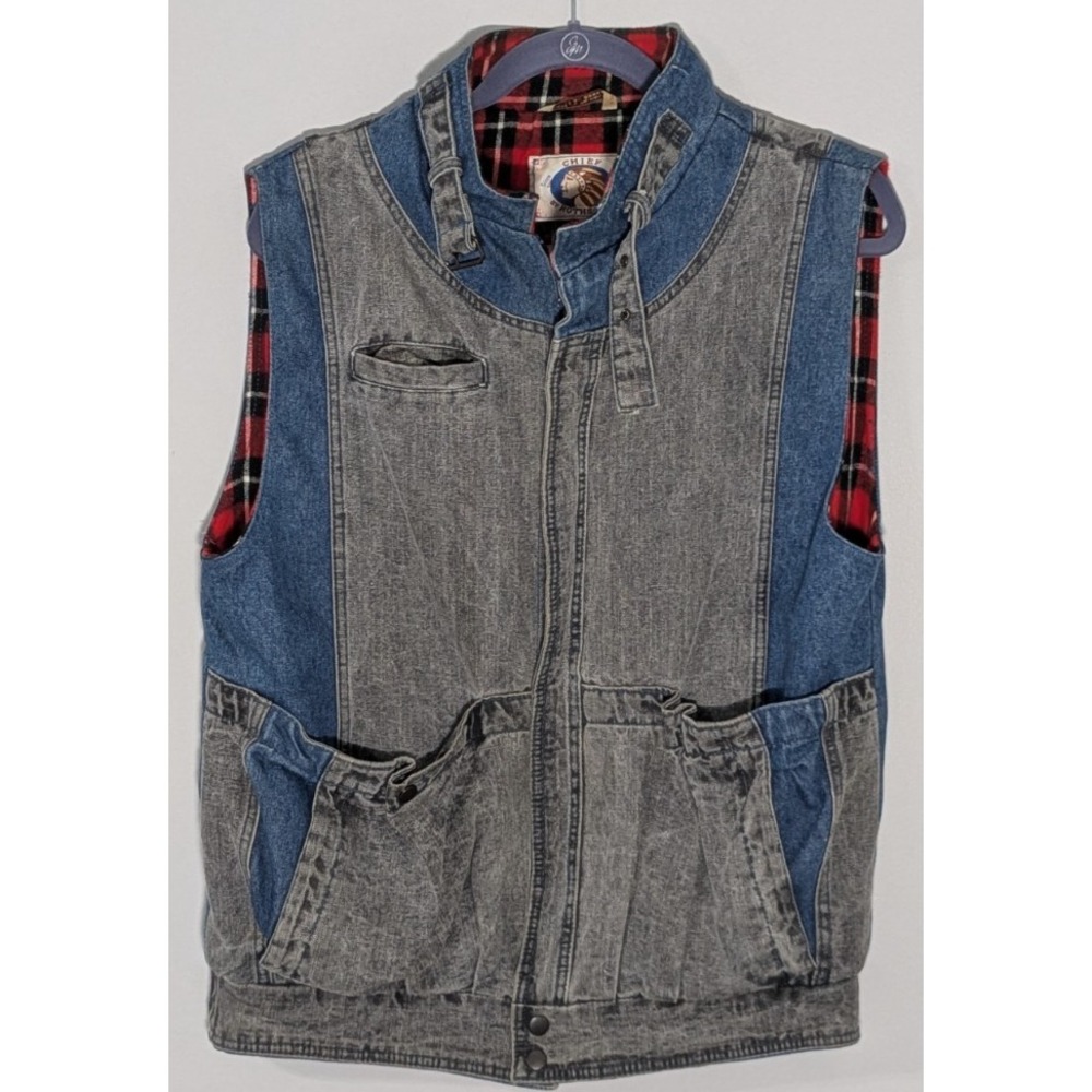 Vintage Chief By Rothschild 2 Tone Denim Patch Flannel Lined Vest Full Zip 16